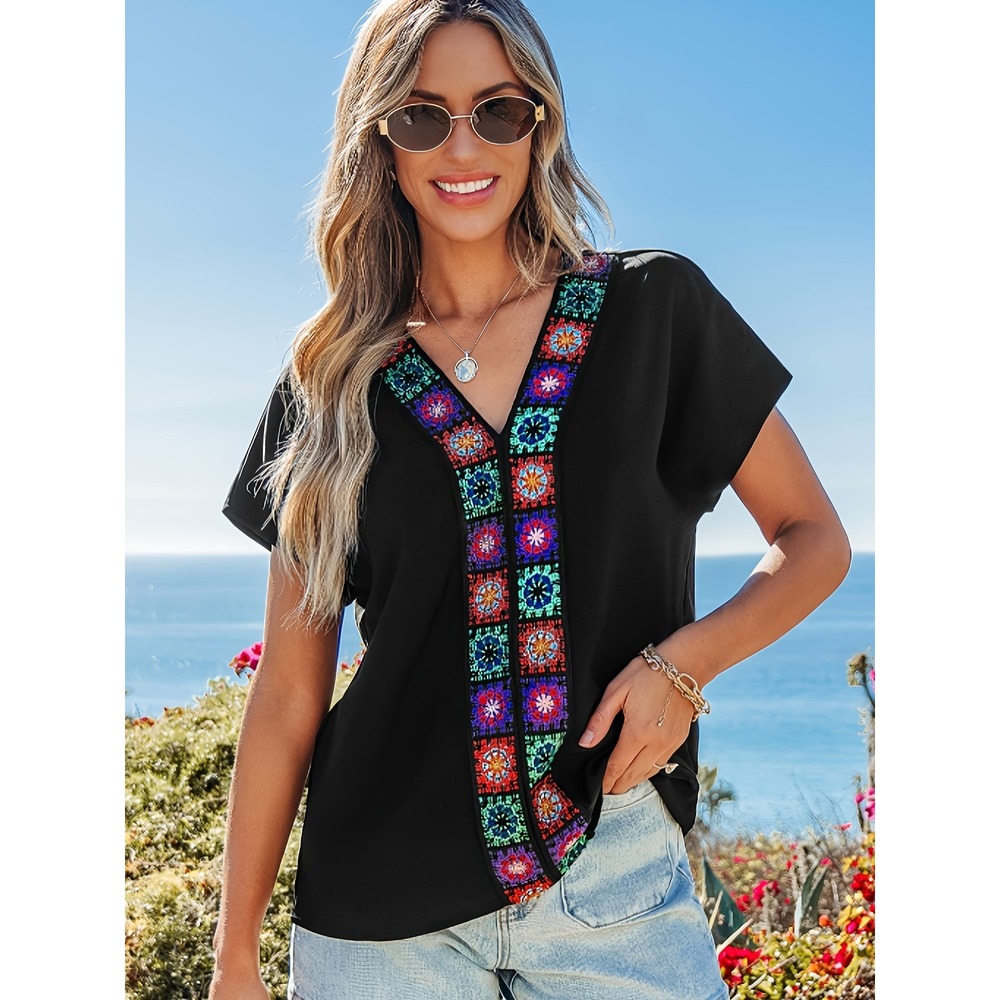 Unbranded Boho Embroidered Floral Tile V-Neck‎ Short Sleeve NEW Granny Square S
